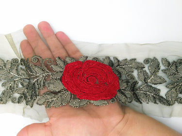 Grey Net Fabric Lace Trim with Floral Embroidery, Lace Trim, Sari Border